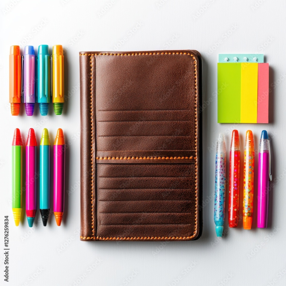 Poster a meticulously arranged leather notebook surrounded by colorful pens and sticky notes, creating an o
