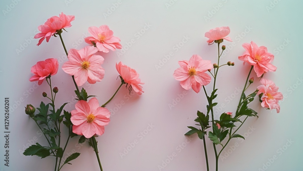 Poster delicate pink flowers on light background with ample space for text customization and design element