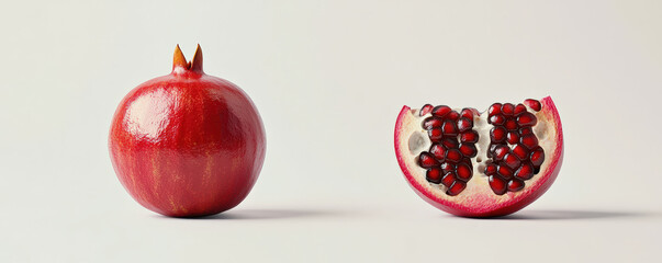 Obraz premium Glossy red whole pomegranate and cut half showcasing juicy seeds, perfect for healthy eating and vibrant presentations
