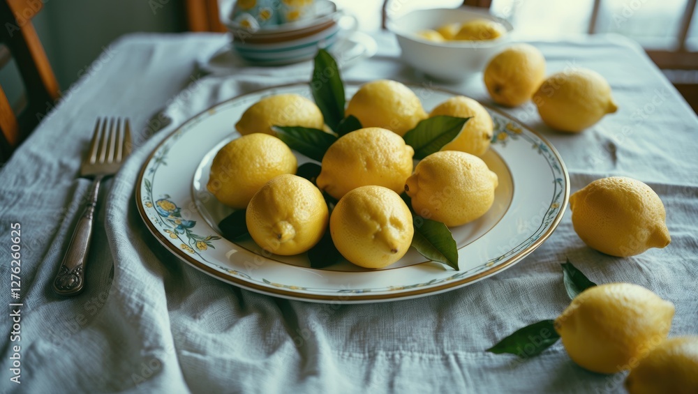 Aufkleber fresh lemons arranged on a plate with green leaves on a linen tablecloth with space for adding text 