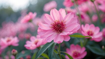 Obraz premium Delicate pink flowers in full bloom surrounded by lush green foliage creating a serene and vibrant garden atmosphere.