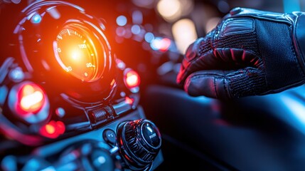 A close-up of a hand in a black glove adjusting a futuristic control panel illuminated by vibrant red and orange lights.