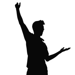 Surprised young male silhouette raising arms on white background, human emotion