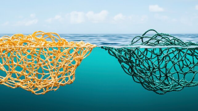pollution oceans fishing nets, Two colorful fishing nets float in calm water, creating a vibrant contrast against the blue surface.