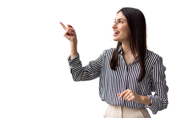 Joyful Latina woman pointing upwards with enthusiasm
