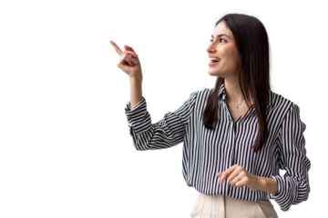 Joyful Latina woman pointing upwards with enthusiasm