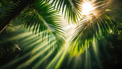 Sunlight Filtering Through Lush Palm Leaves in Tropical Jungle Creating Ethereal Atmosphere with Soft Focus and Vibrant Green Colors.