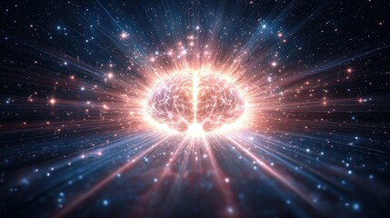 Naklejka premium A cosmic illustration featuring a radiant brain surrounded by beams of light and stars, symbolizing the connection between consciousness and the universe.