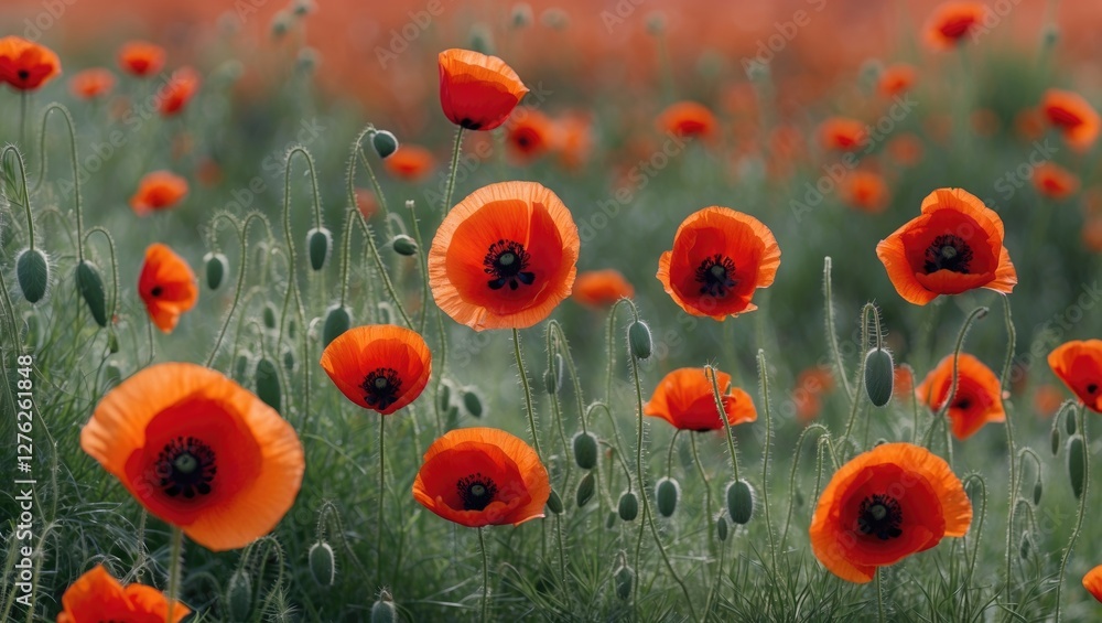 Poster vibrant red poppies blooming in a summer field with lush greenery and space for text integration