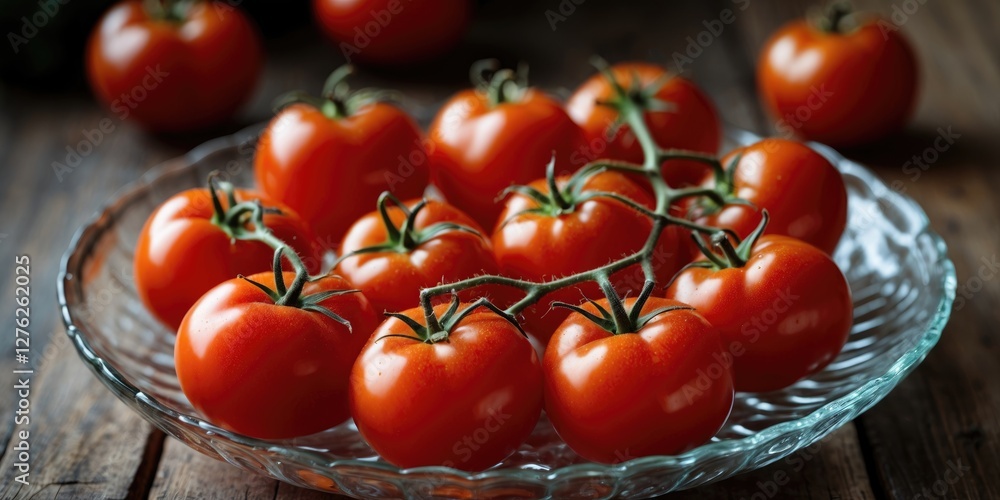 Poster fresh red tomatoes in a glass plate on rustic wooden table with copy space for text or design elemen