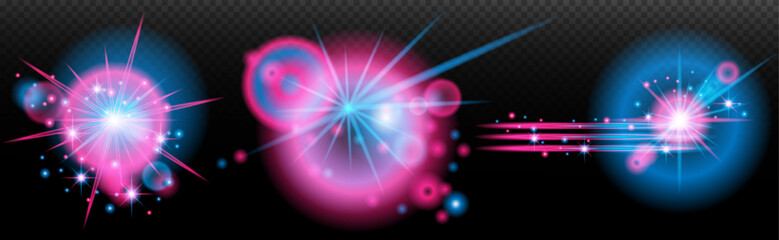 Light effect: isolated flare, tire explosion, dust line, sun flare, star spark, sunlight, vector set. 