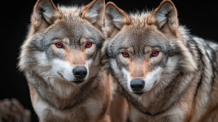 Fototapeta premium Two wolves stand close together, showcasing their striking features and intense gaze against a dark background.