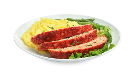 Delicious baked turkey meatloaf, mashed potato and vegetables isolated on white