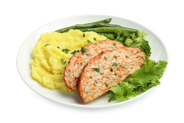 Delicious baked turkey meatloaf, mashed potato and vegetables isolated on white