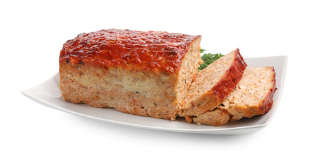Delicious baked turkey meatloaf isolated on white