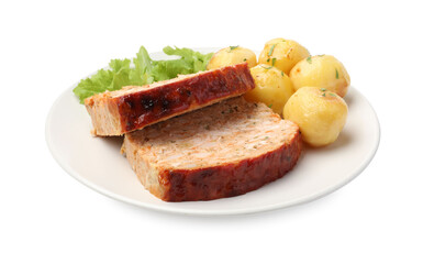 Delicious baked turkey meatloaf, potatoes and lettuce isolated on white