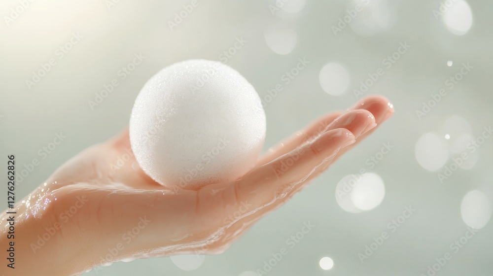 Poster a hand delicately holds a white spherical object, surrounded by soft bokeh lights, creating a serene
