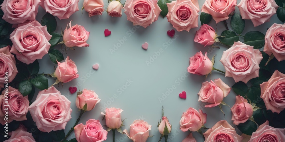 Poster pink roses framing heart shape with empty copy space for text symbolizing love affection and appreci