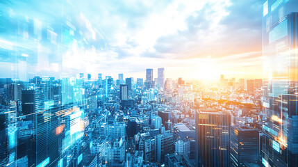 Aerial perspective smart city technology style city high-rise skyline