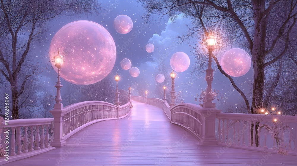 Aufkleber a serene and dreamy scene featuring a bridge illuminated by lanterns, surrounded by ethereal floatin