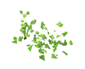 Pieces of fresh parsley leaves on white background