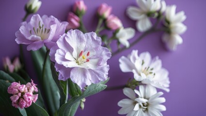 Fototapeta premium Vibrant close-up of white and pink flowers against a purple backdrop showcasing delicate petals and lush green leaves.