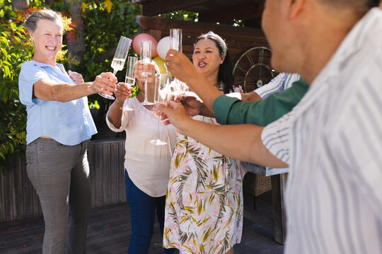 Diverse senior friends of diverse senior friends raising glasses in joyful outdoor celebration, smil