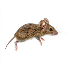 A brown and white mouse is standing on a white background