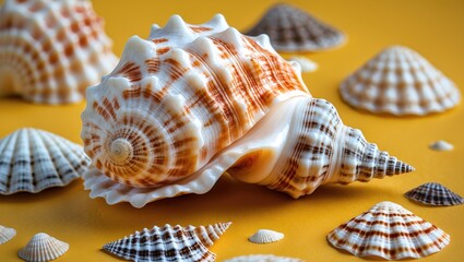 Obraz premium Colorful Sea Shells on Bright Yellow Background in Macro Photography for Coastal and Natural Themes