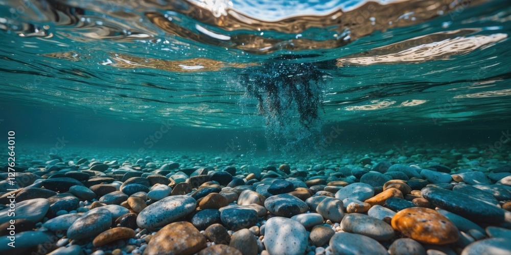 Aufkleber underwater view of colorful pebbles at beach with reflections on water surface and space for text pl