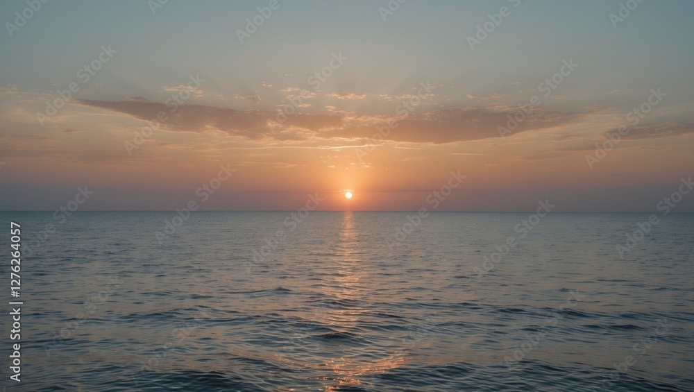 Poster tranquil sea sunset over calm waters with soft colors and ample space for text or graphics