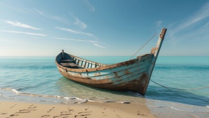 Obraz premium Serene Beach Scene with Weathered Fishing Boat and Crystal Clear Water Ideal for Text Overlay and Natural Landscapes