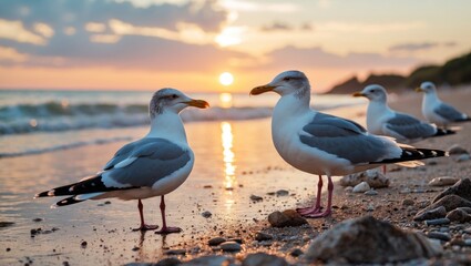 Fototapeta premium Seagulls Strolling Along the Shoreline at Sunset with Gentle Waves and a Warm Summer Atmosphere