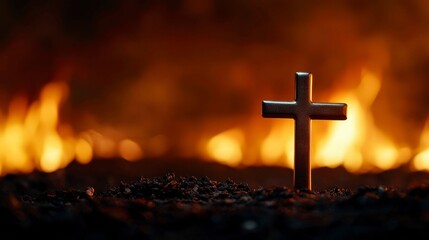 Fototapeta premium Cross Amidst Fire Symbolizing Faith and Resilience in Times of Adversity and Religious Strength