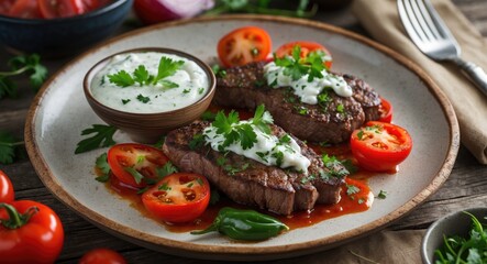 Sizzling grilled steaks topped with creamy white sauce, garnished with fresh herbs and served with cherry tomatoes on a rustic wooden table.