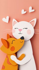 Obraz premium Illustration of cat and dog playing together, paper cut and craft style, Centered composition with space for text