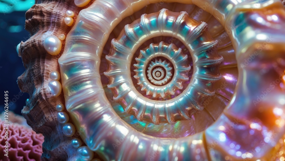 Poster golden ratio nautilus shell close up with iridescent detail and empty space for text in an underwate
