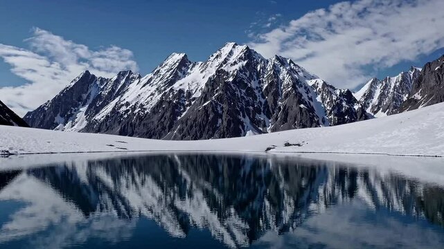 Wide panoramic shot, Snow-capped mountain range reflecting in crystal-clear alpine lake, cool blue sky with crisp whites, conveying pristine wilderness and solitude.
