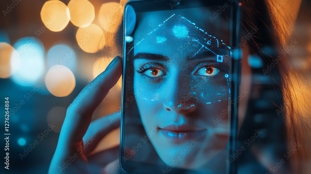 Poster face recognition concept, mobile phone security system development, people safety vector illustratio