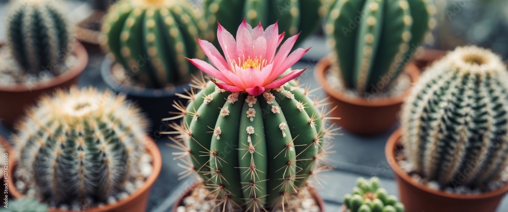 Poster vibrant close up of flowering cactus surrounded by greenery with space for text overlay in nature in