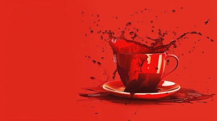 A vibrant red cup splashes liquid against a bold red background, creating a dynamic and energetic scene