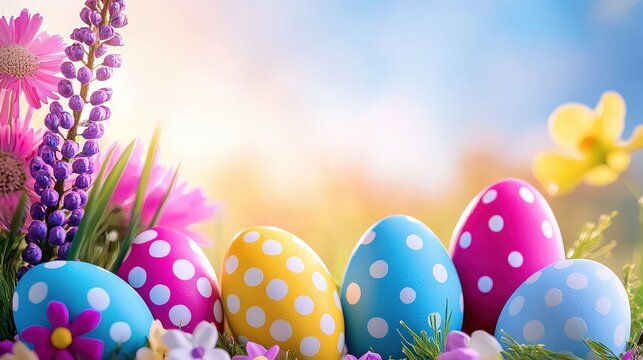 Colorful Easter eggs nestled among vibrant flowers against a soft, blurred background, capturing the essence of spring and celebration.