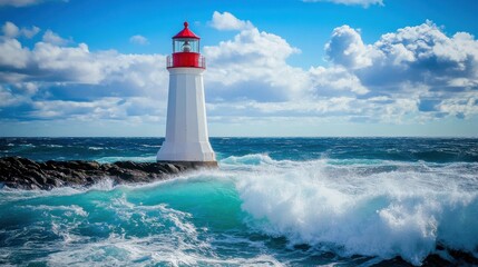 Obraz premium Bright Lighthouse Standing Tall Against Turbulent Ocean Waves