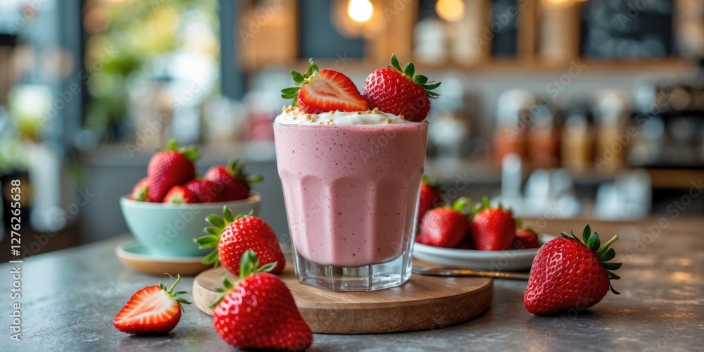 Aufkleber fresh strawberry yogurt smoothie displayed in cafe with strawberries on table and space for text