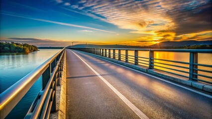 Fototapeta premium Minimalist Bridge Railing Over River, Empty Highway Asphalt Road