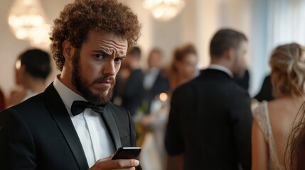 Social media rumors affecting a man at a wedding reception. Featuring distraction and concern