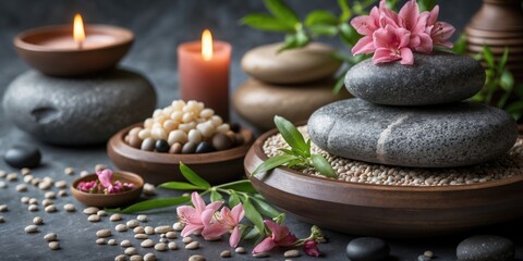 Relaxing Spa Stone Massage Setup with Candles and Flowers Creating a Serene Atmosphere for Wellness and Self-Care Practices