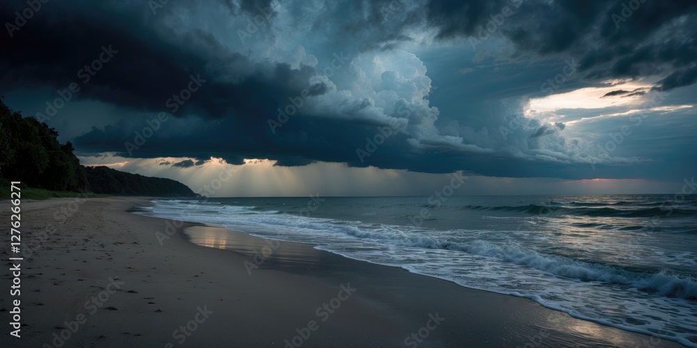 Poster dramatic storm clouds over serene beach landscape at dusk with calm waves and expansive sky ideal fo