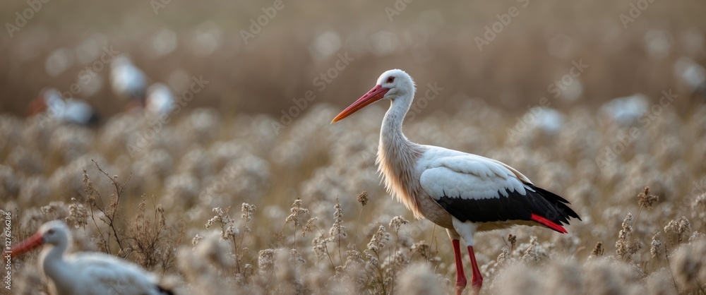 Poster elegant stork standing in a lush field with soft focus background and ample space for text overlay