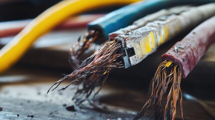 Damaged cables on a workbench. Featuring frayed insulation and exposed copper wires